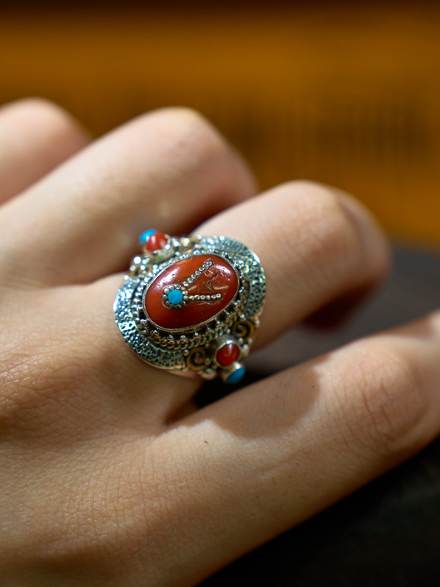 Red Coral and Turquoise Sterling Silver Ring – Talisman of Love, Healing, and Himalayan Harmony