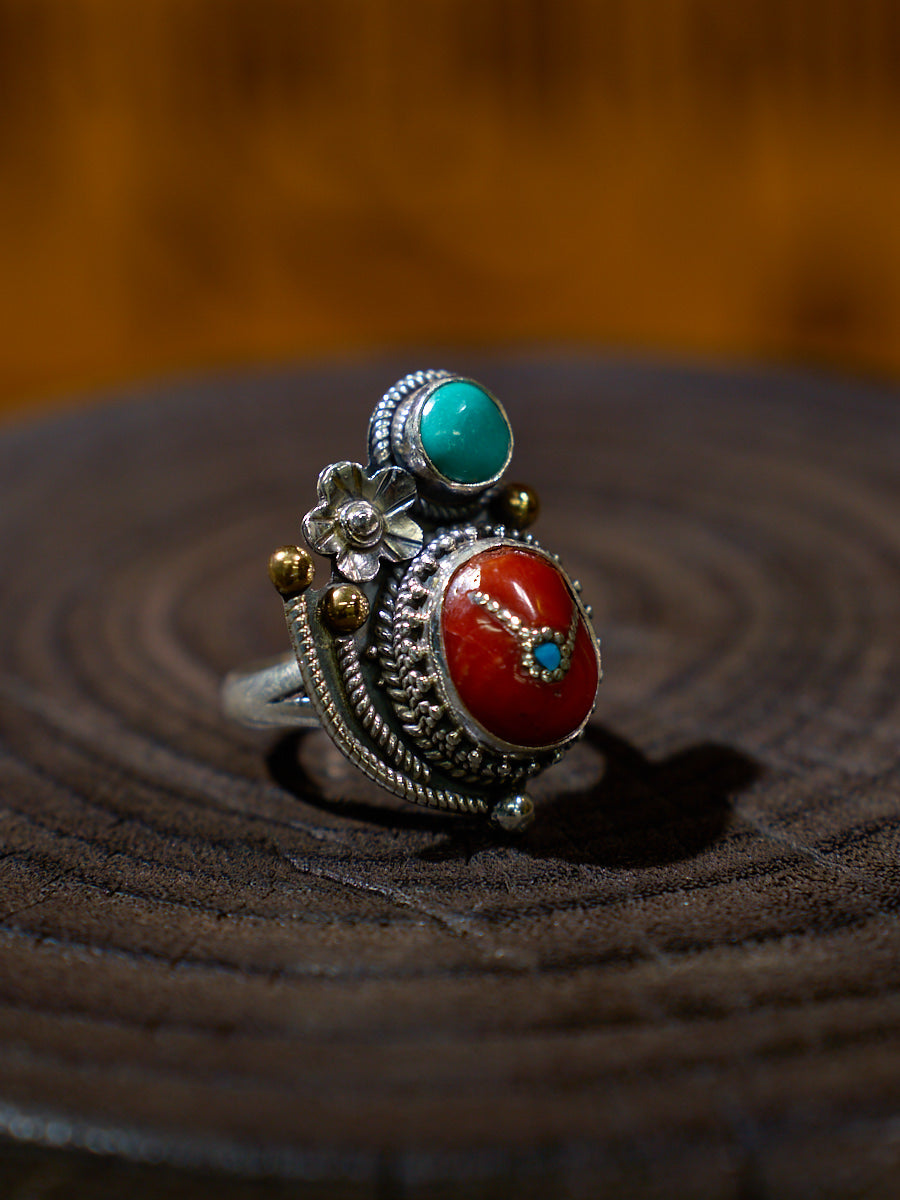 Red Coral and Turquoise Sterling Silver Ring – Talisman of Love, Compassion, and Himalayan Spirit