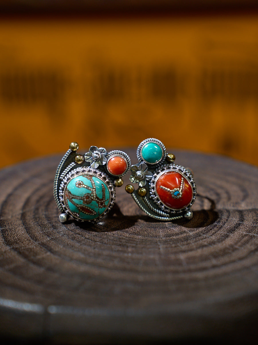 Red Coral and Turquoise Sterling Silver Ring – Talisman of Love, Compassion, and Himalayan Spirit