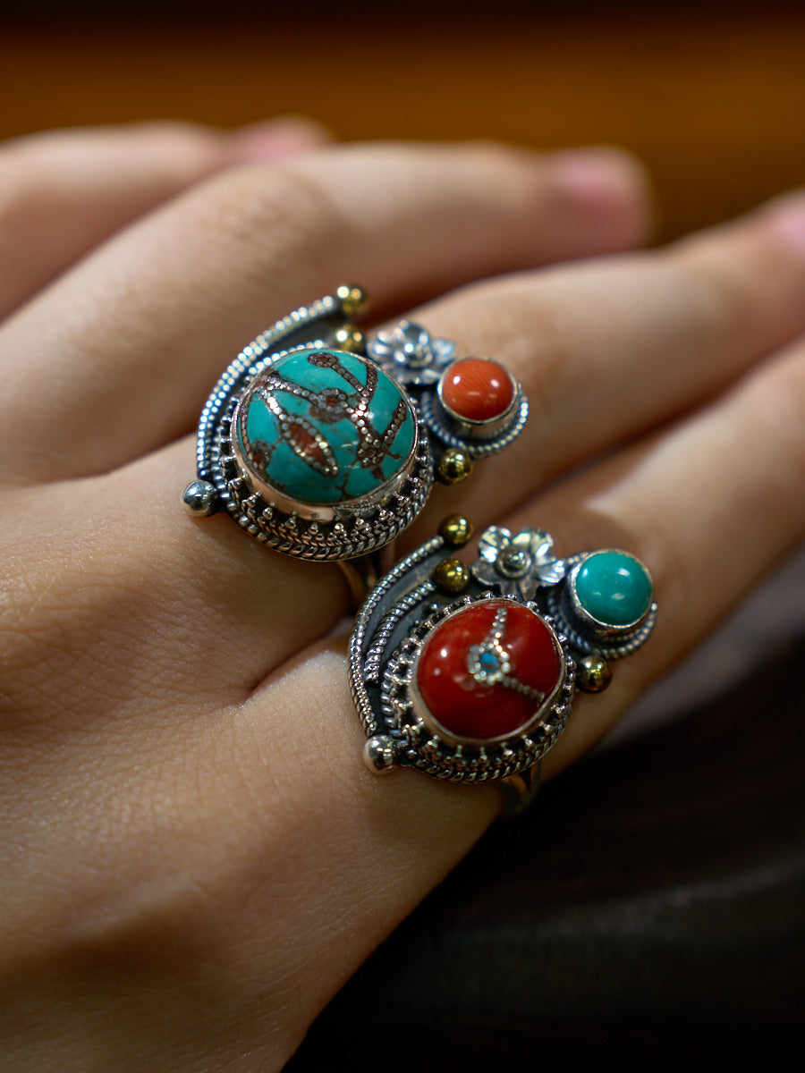 Red Coral and Turquoise Sterling Silver Ring – Talisman of Love, Compassion, and Himalayan Spirit