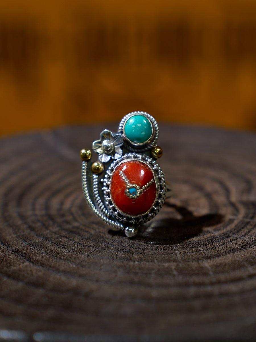 Red Coral and Turquoise Sterling Silver Ring – Talisman of Love, Compassion, and Himalayan Spirit