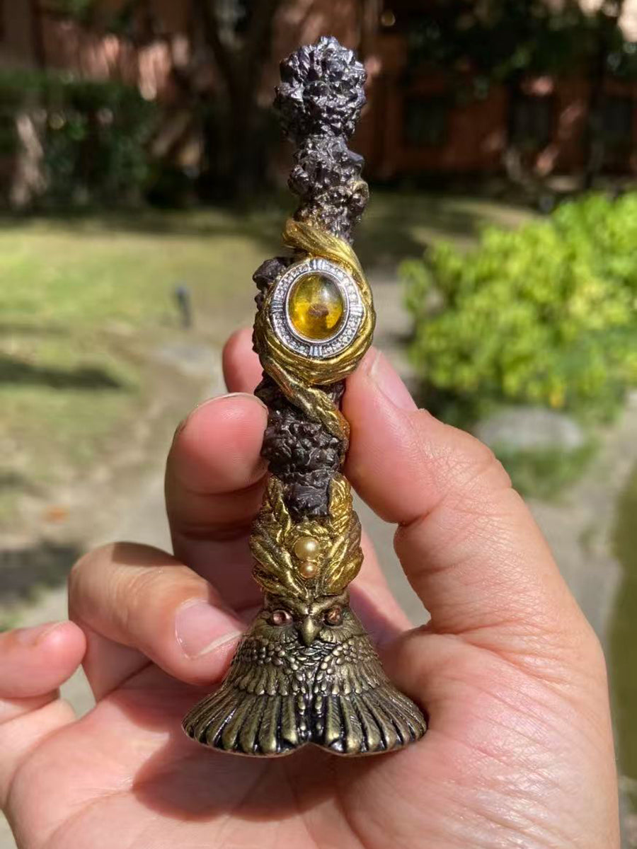 Black Vajra Citrine Copper Owl Dragon Wand Handcrafted Sacred Tool
