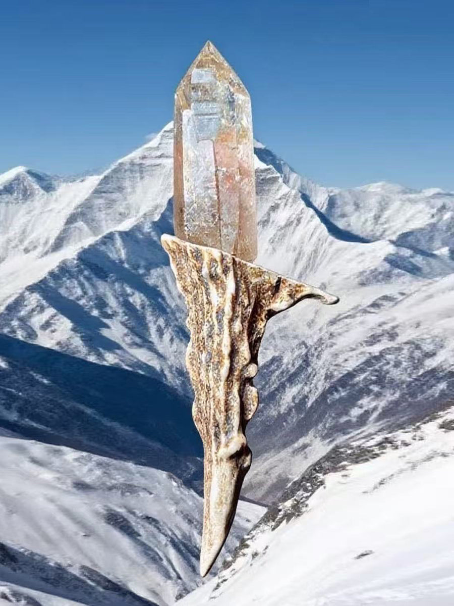 Himalayan Rainbow Golden Crystal Antler Wand Handcrafted Sacred