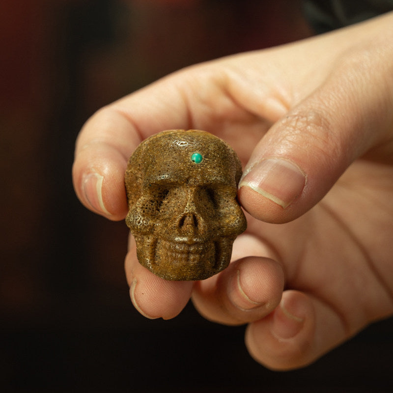 Qing Dynasty Tibetan Tantric Charnel Ground Skull Amulet – Yogi "Dorje Lingpa" Lineage, Inlaid Turquoise