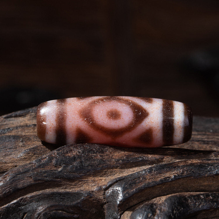 Tibetan Rare Hollow Tiger Tooth Three-Eye Dzi Bead – Abundant Cinnabar, Nine-Eye Shale Antique