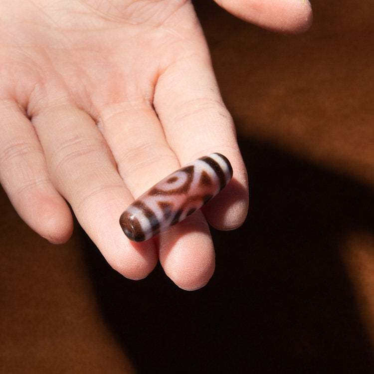 Tibetan Rare Hollow Tiger Tooth Three-Eye Dzi Bead – Abundant Cinnabar, Nine-Eye Shale Antique