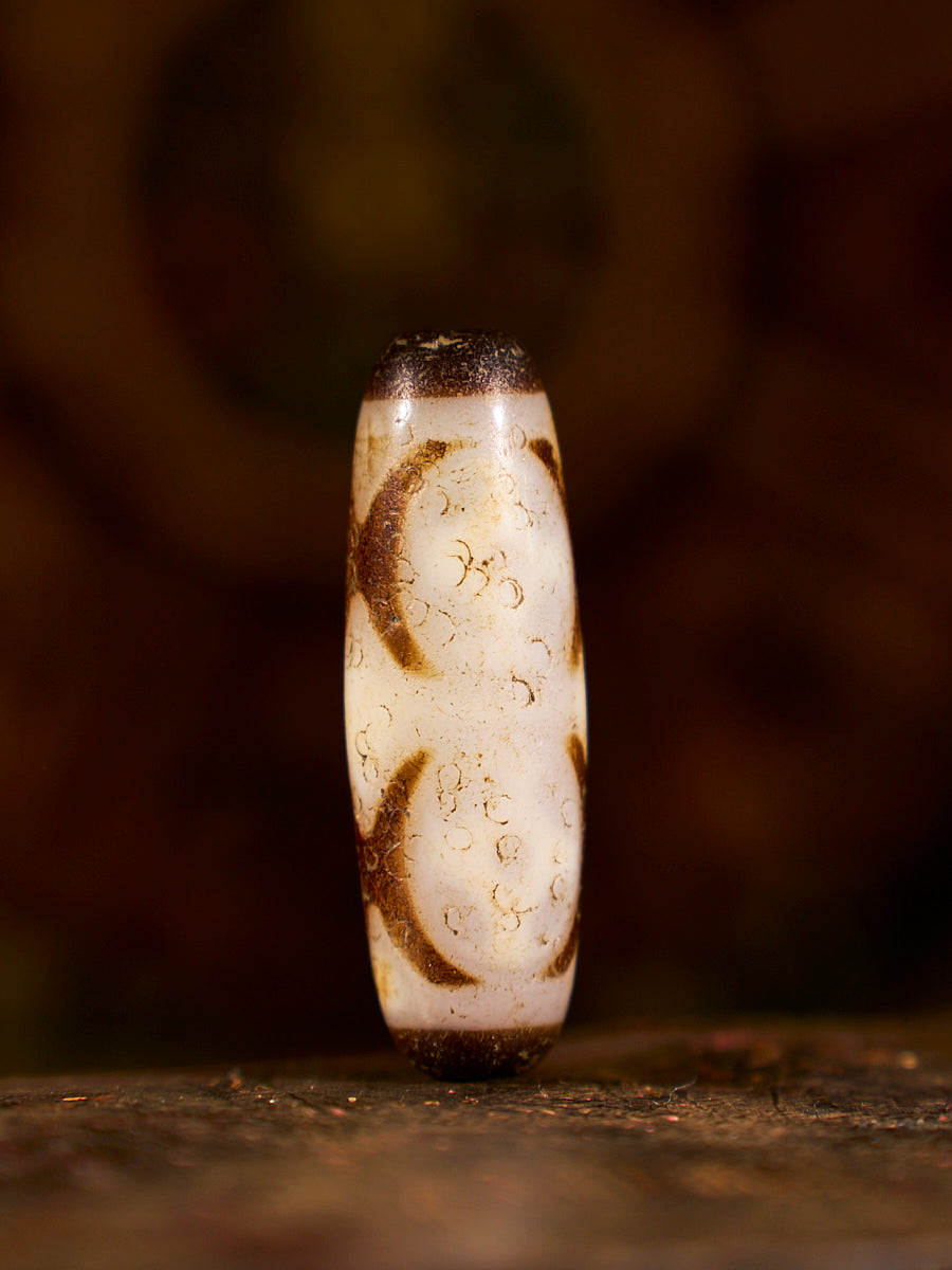 Zhangzhung Era Sacred Gift Vajra Four-Eyed Lunar Agate Dzi Bead