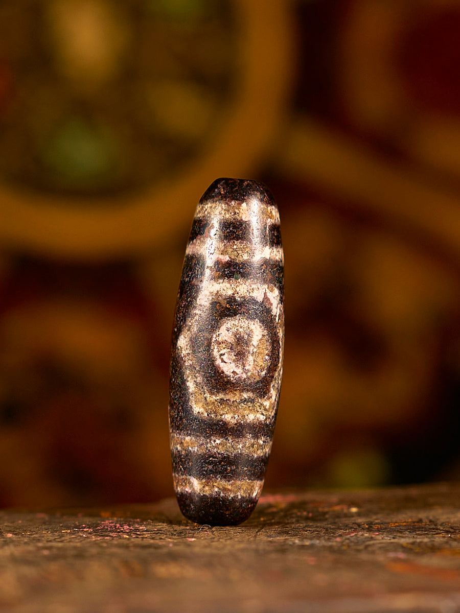 Zhangzhung Era Fortune Three-Eyed Agate Dzi Bead