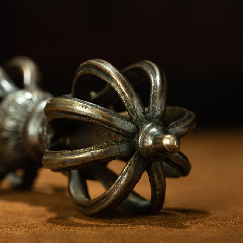 Tibetan Antique Nine-Prong Vajra Dorje in Lima Copper – High-Grade Ritual Scepter, Ali Region Monastery