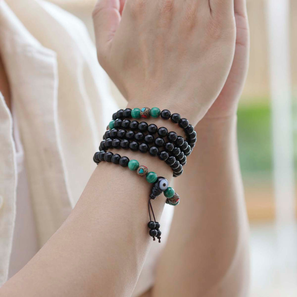Protection Energy Obsidian and Malachite 108 Mala Bracelet