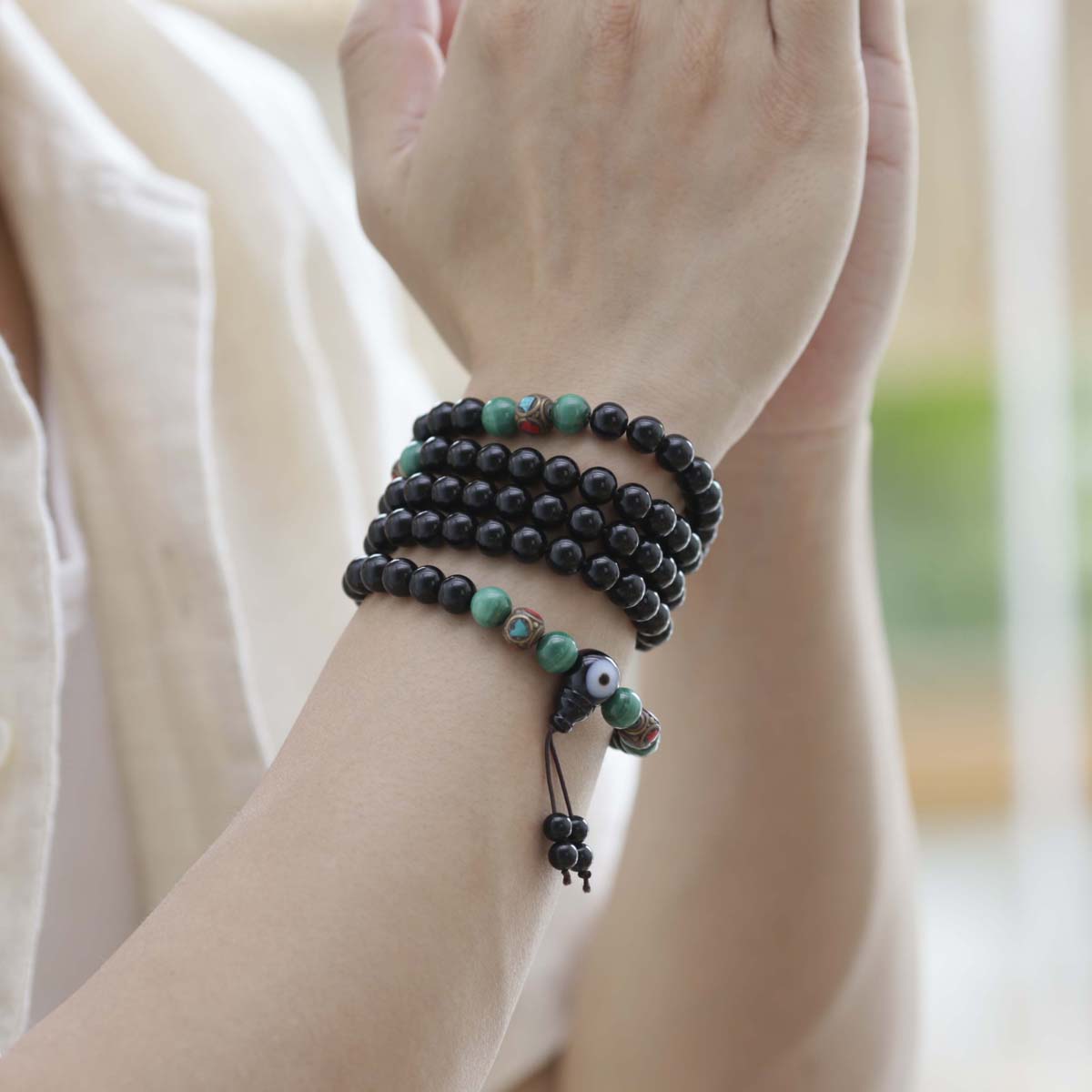 Protection Energy Obsidian and Malachite 108 Mala Bracelet