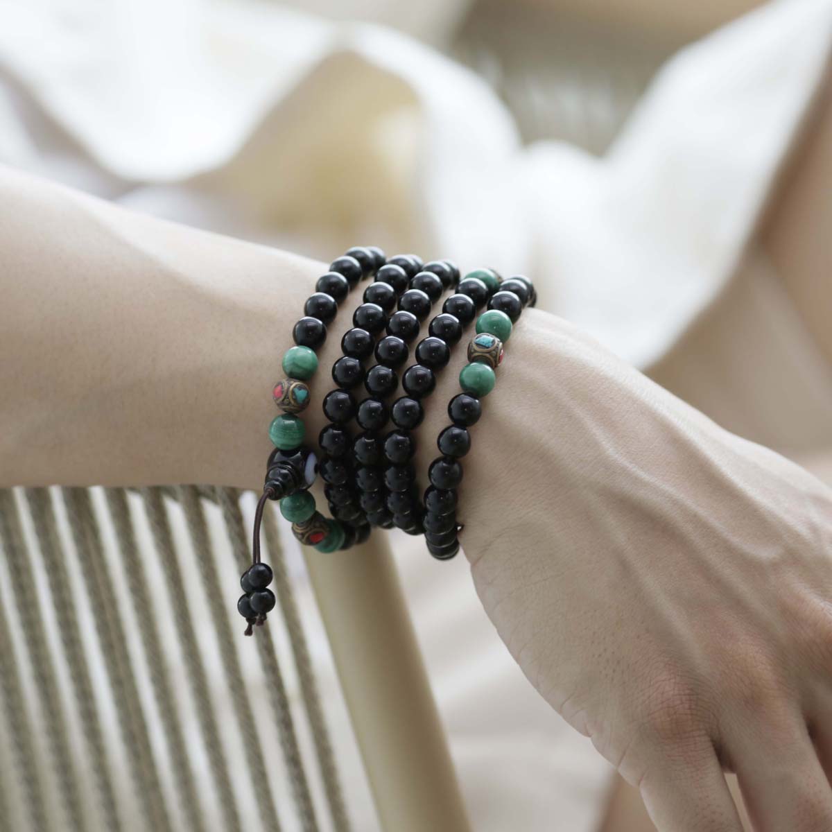 Protection Energy Obsidian and Malachite 108 Mala Bracelet