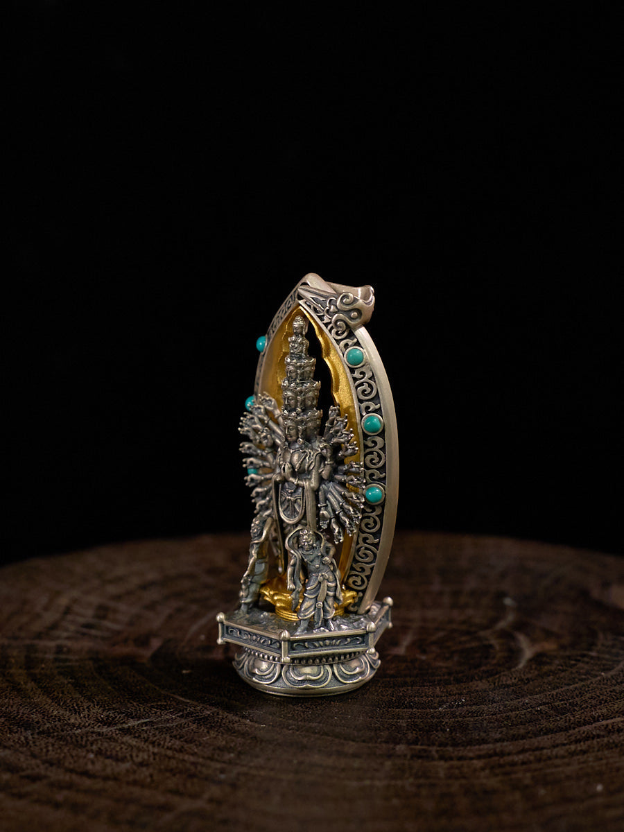 Thousand-Armed Avalokitesvara Turquoise Silver Necklace