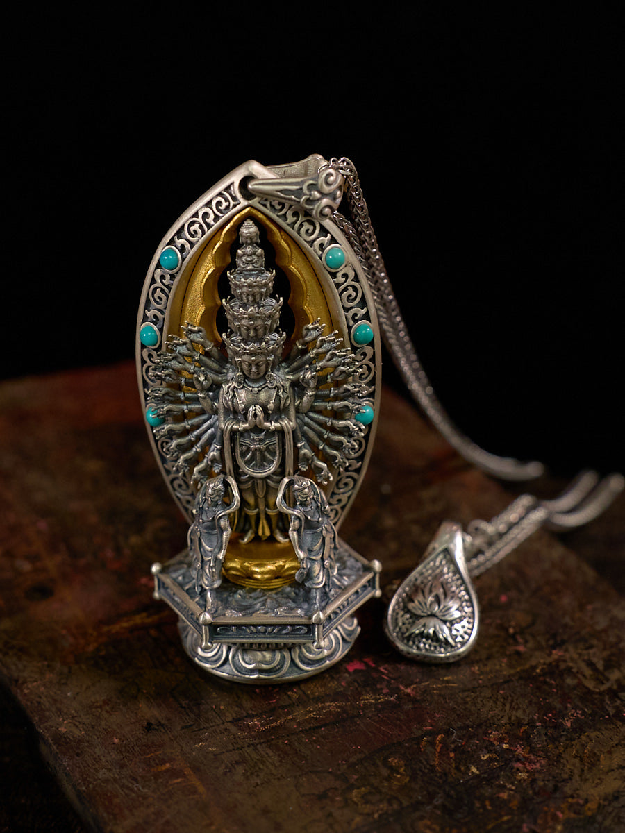 Thousand-Armed Avalokitesvara Turquoise Silver Necklace