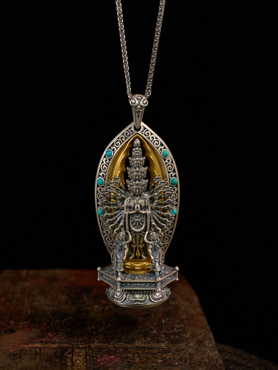 Thousand-Armed Avalokitesvara Turquoise Silver Necklace
