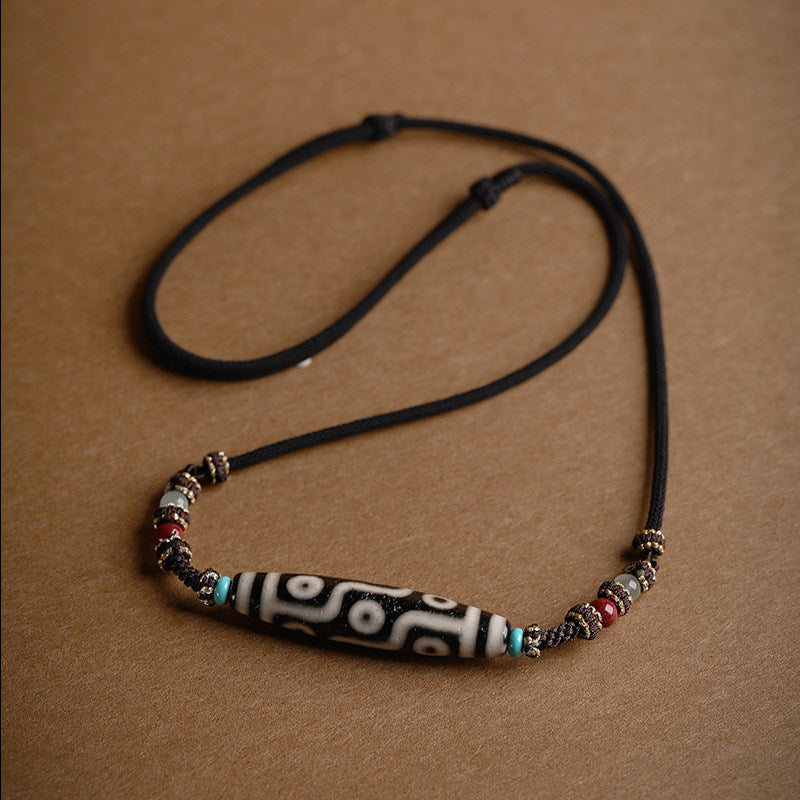 Sacred Nine-Eye Dzi Bead Cotton Cord Necklace