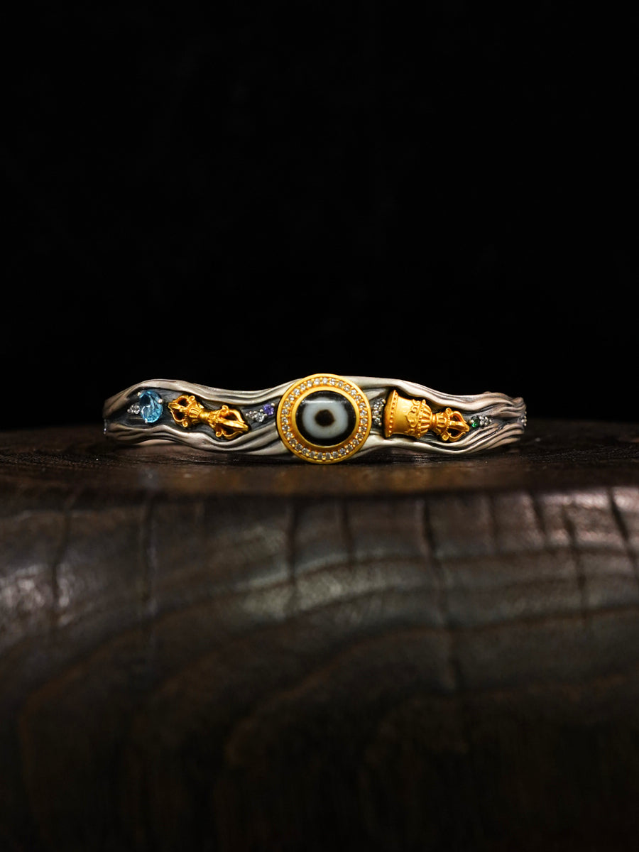 Auspicious Protection Dzi Agate Vajra Silver Cuff Bracelet