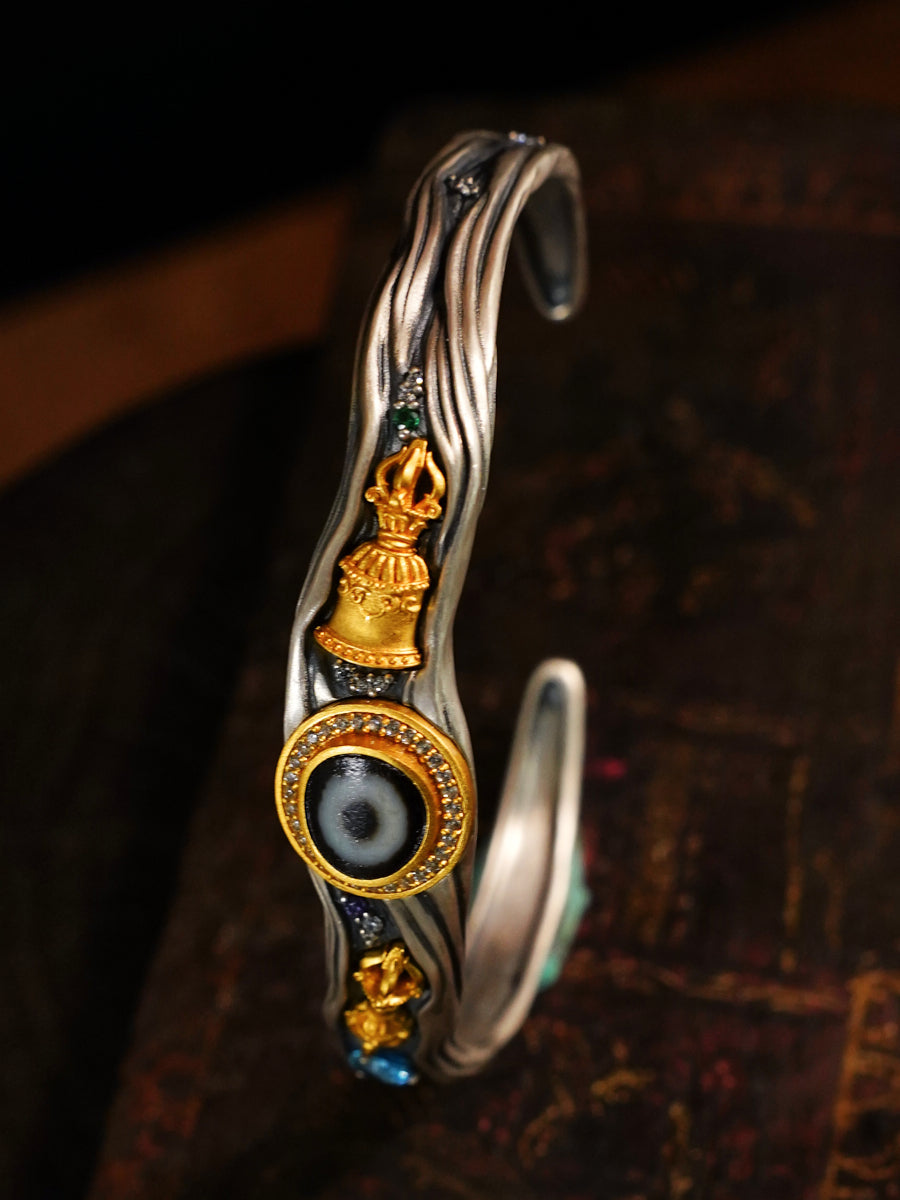 Auspicious Protection Dzi Agate Vajra Silver Cuff Bracelet