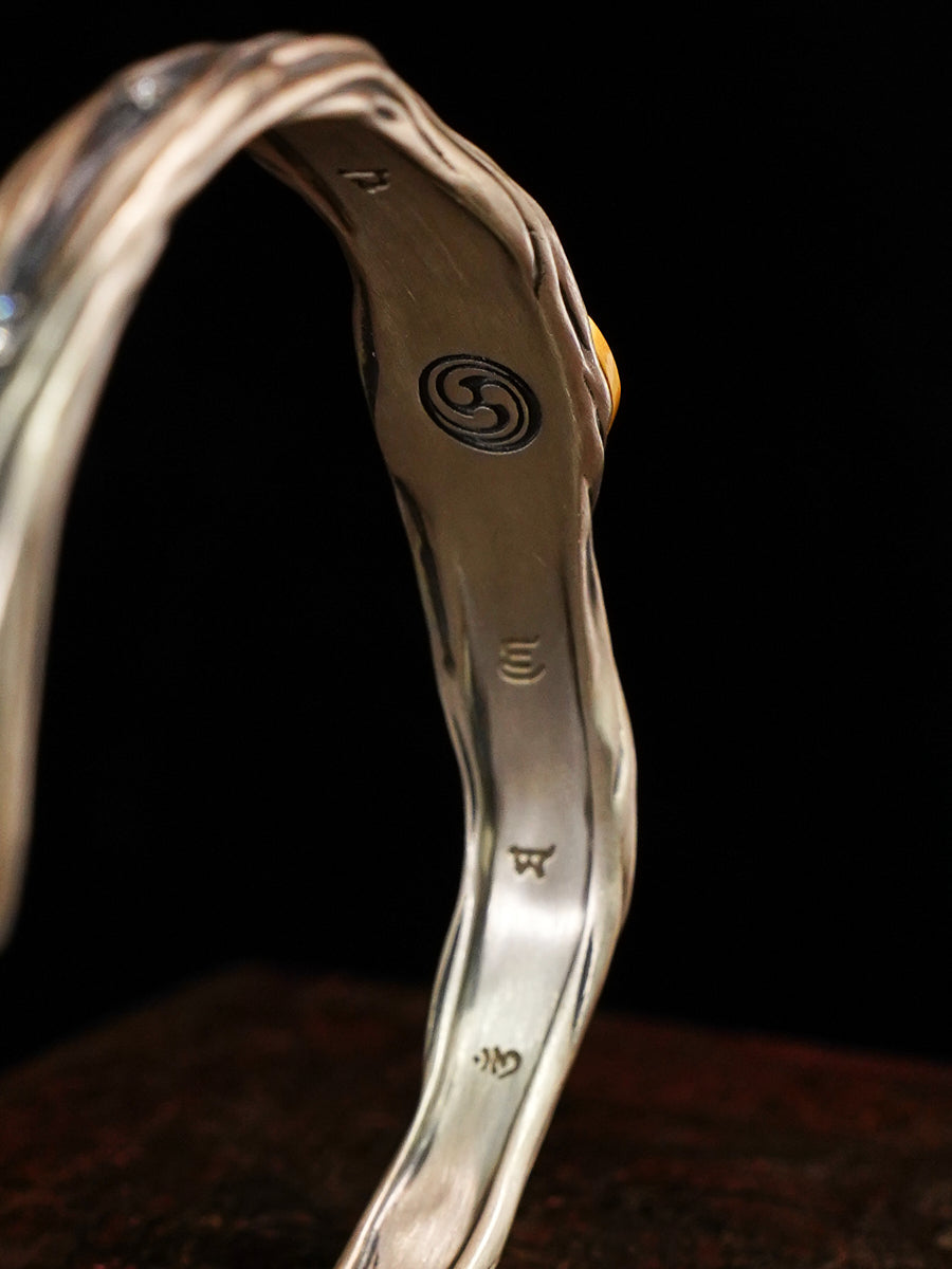Auspicious Protection Dzi Agate Vajra Silver Cuff Bracelet