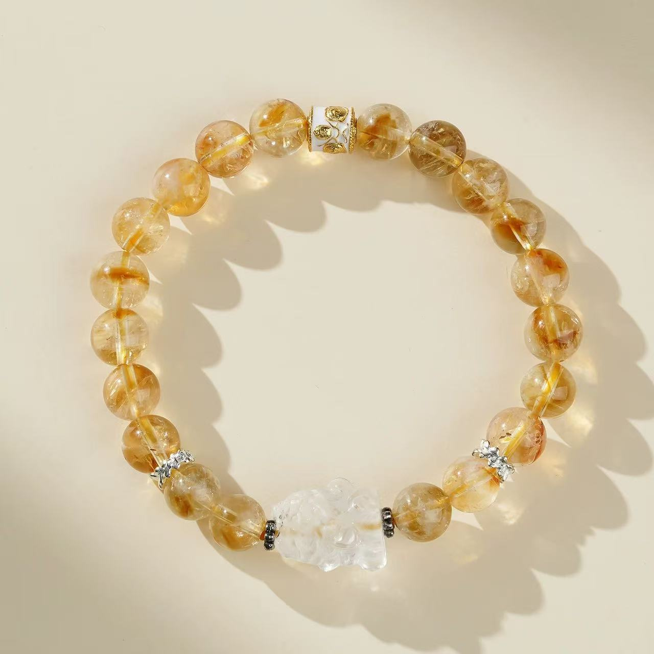 Golden Wealth Citrine Pixiu White Quartz Crystal Bracelet