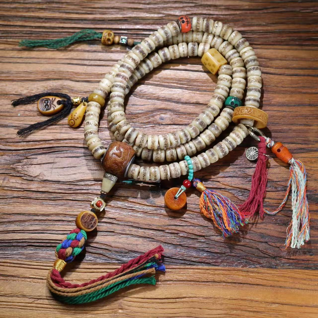 Sacred Scripture 108 Yak Bone Tibetan Mala Necklace