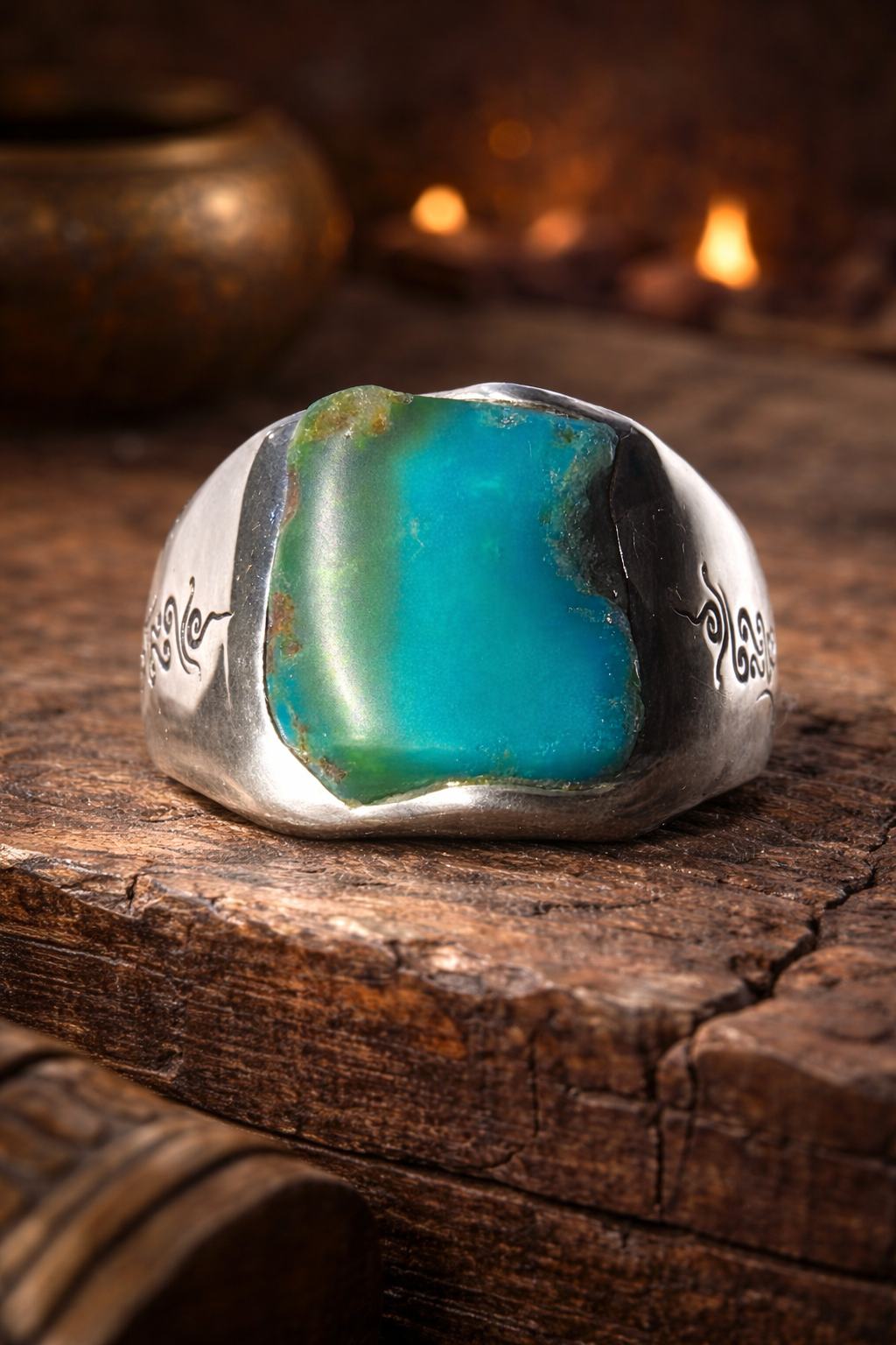 Heaven Earth Union Raw Turquoise Tibetan Silver Ring