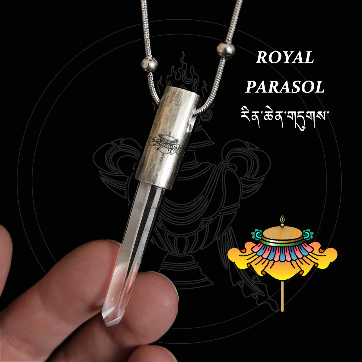 Eight Blessings from Tibet Spiritual Amulet Necklace in Sterling Silver & Crystal Quartz
