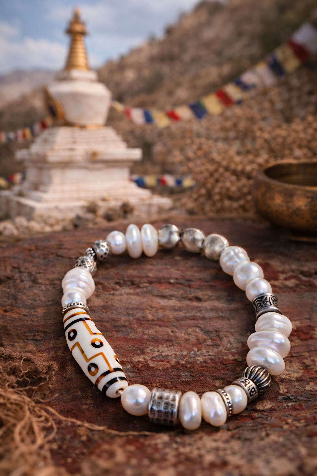 Pure Celestial Blessing Pearl Antler Dzi Bead Silver Bracelet