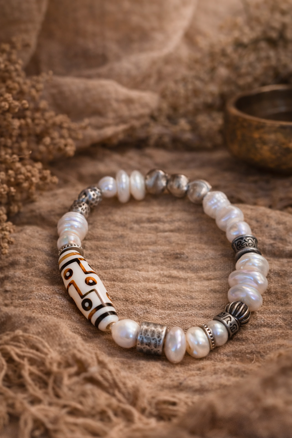 Pure Celestial Blessing Pearl Antler Dzi Bead Silver Bracelet