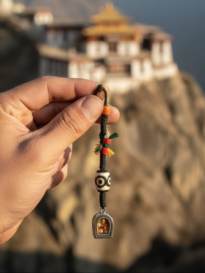 Nine Eye Dzi Tibetan Silver Braided Keychain Charm