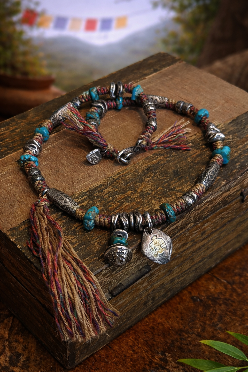Wild Nomad Turquoise Stone Cotton Cord Boho Tibetan Necklace