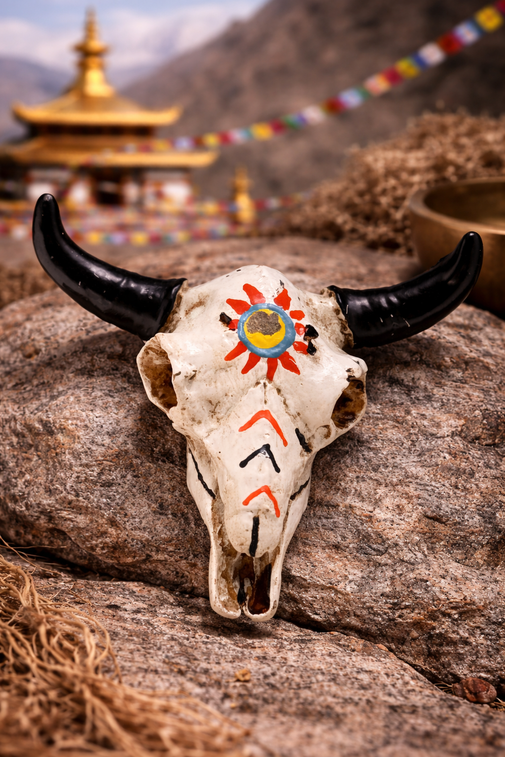 Sacred Yak Skull Sun Totem Handpainted Ornament
