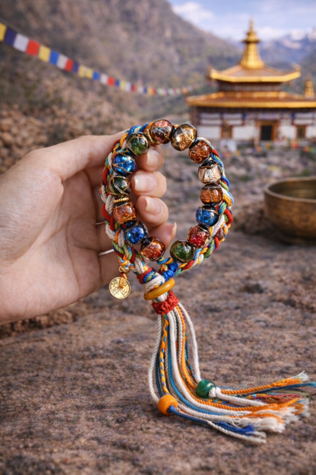 Five Elements Incense Ash Glass Bead Gold Coin Cotton Cord Bracelet