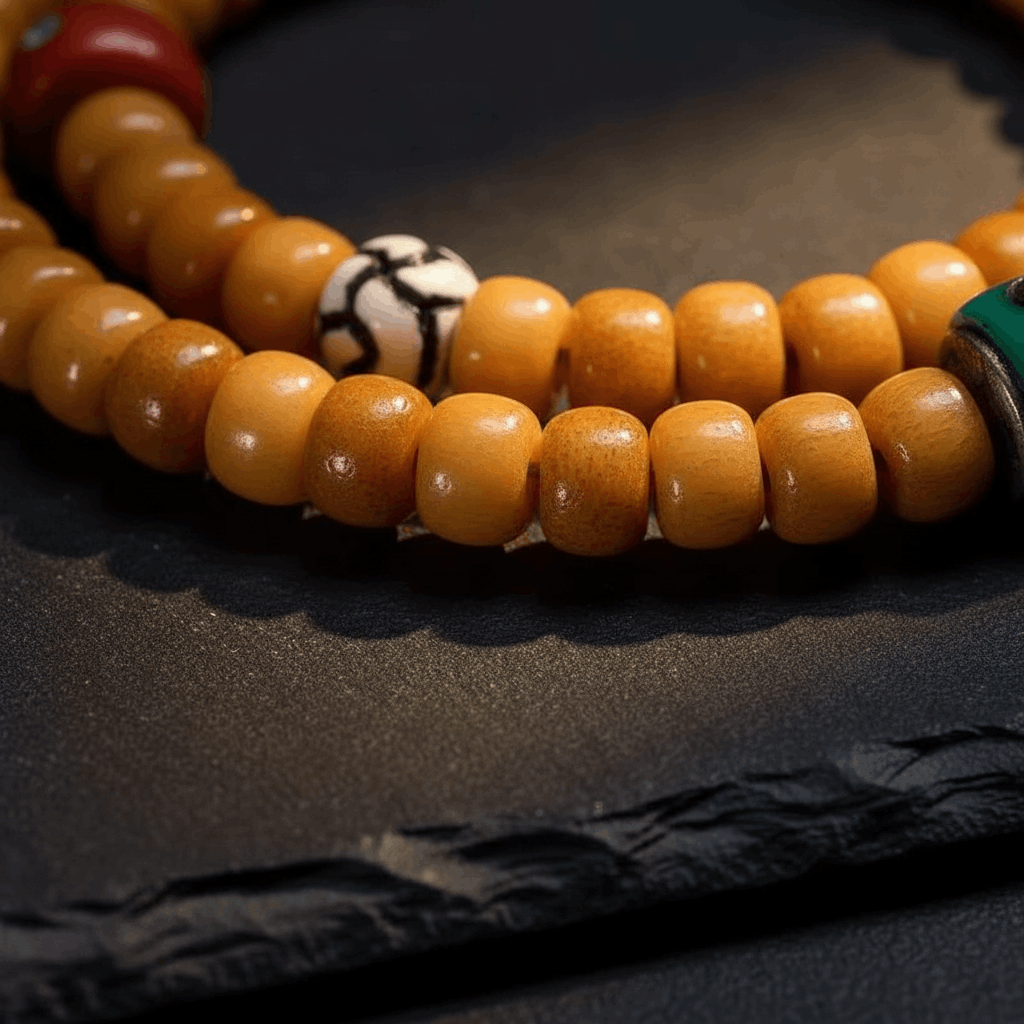 Golden Blessing 108 Yak Bone Dzi Lotus Tibetan Mala Necklace