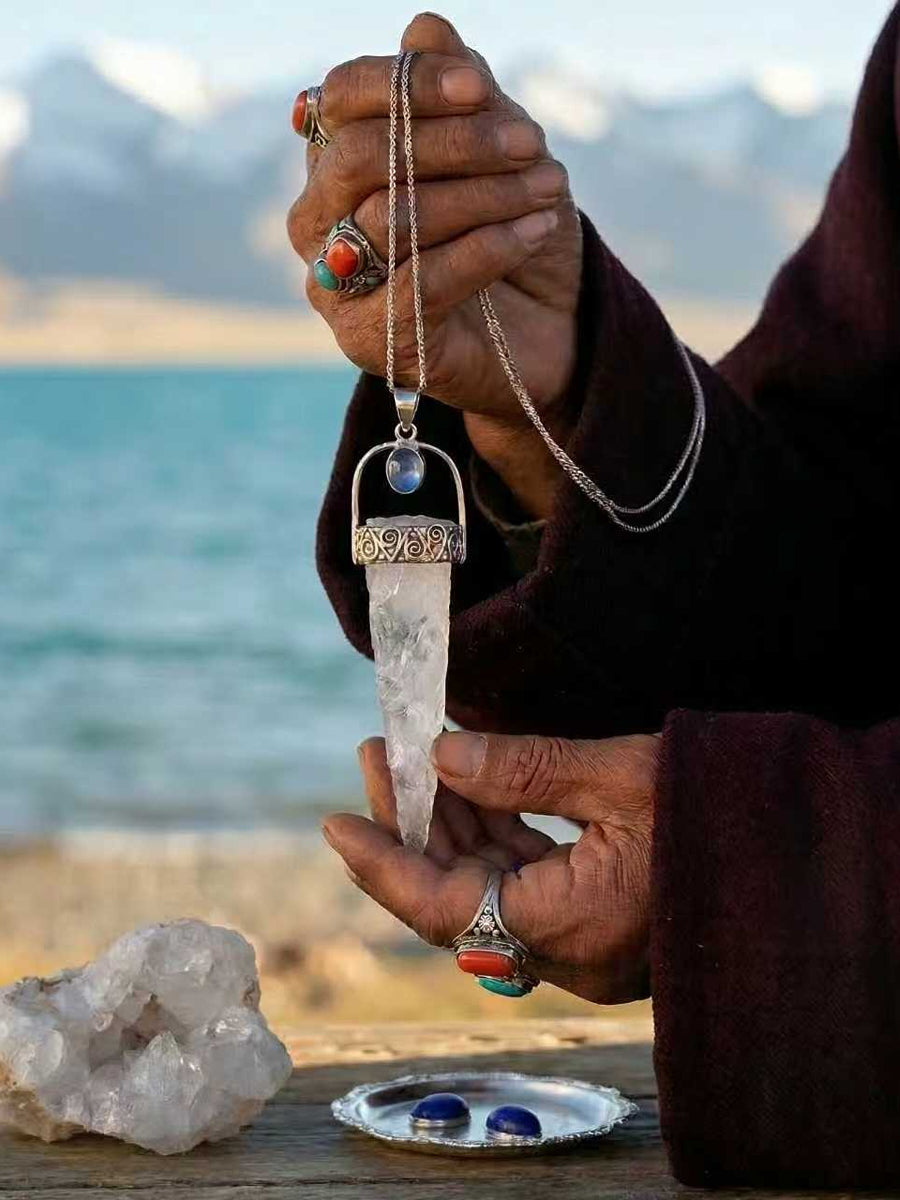 Arch Setting Raw Clear Quartz Aquamarine Sterling Silver Pendant