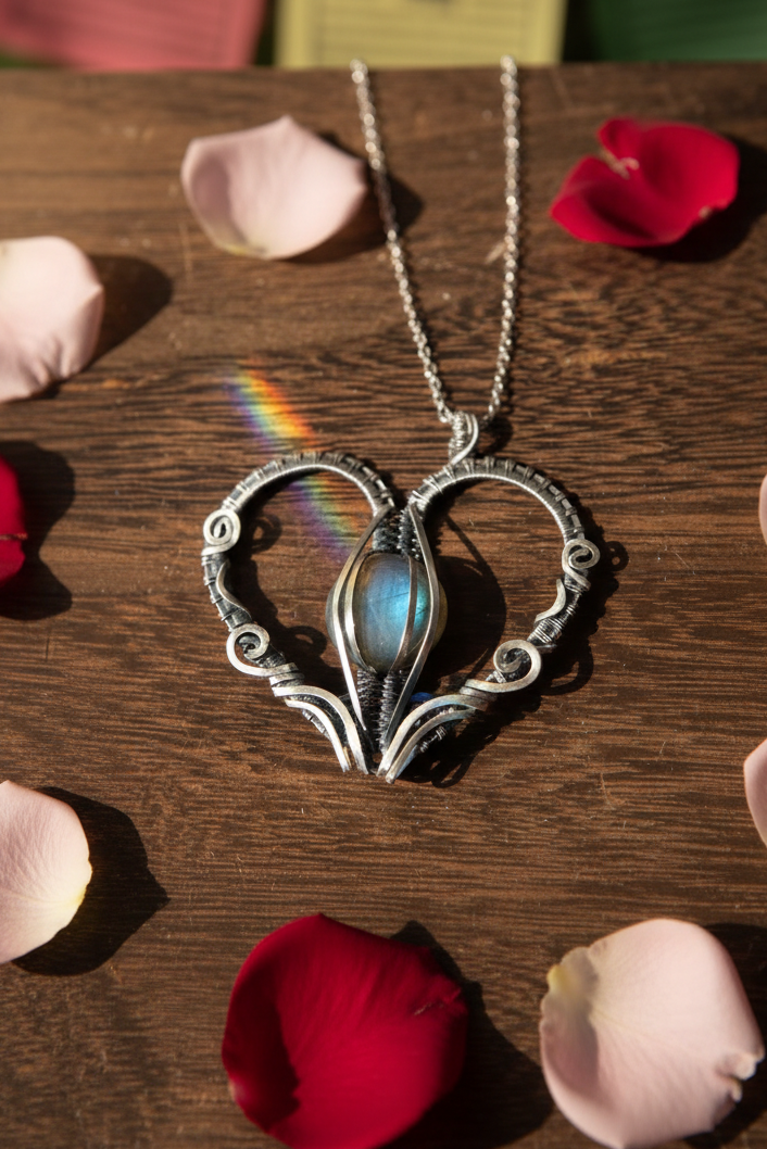 Heart of Labradorite – Love & Protection Silver Wire-Wrapped Necklace