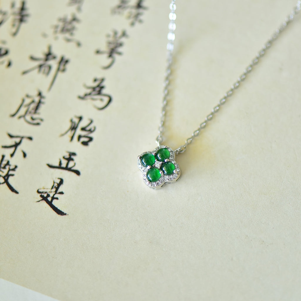 30008#925银镶嵌翡翠🍀四叶草蛋面素银吊坠