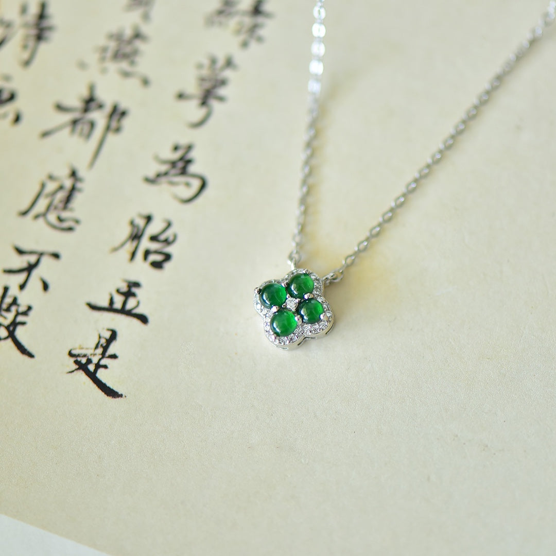 30008#925银镶嵌翡翠🍀四叶草蛋面素银吊坠