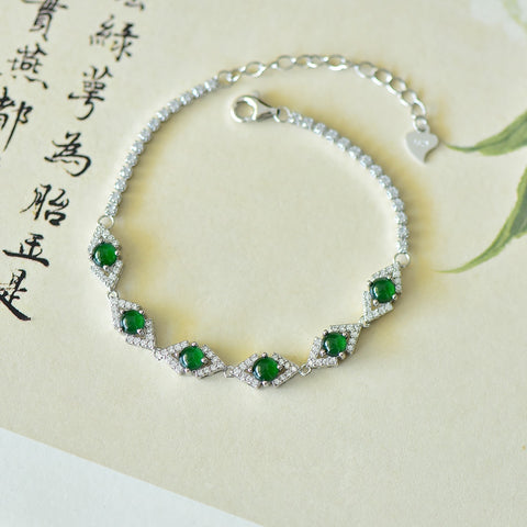 35017#925银镶嵌翡翠蛋面锆石素银手链款式新颖时尚