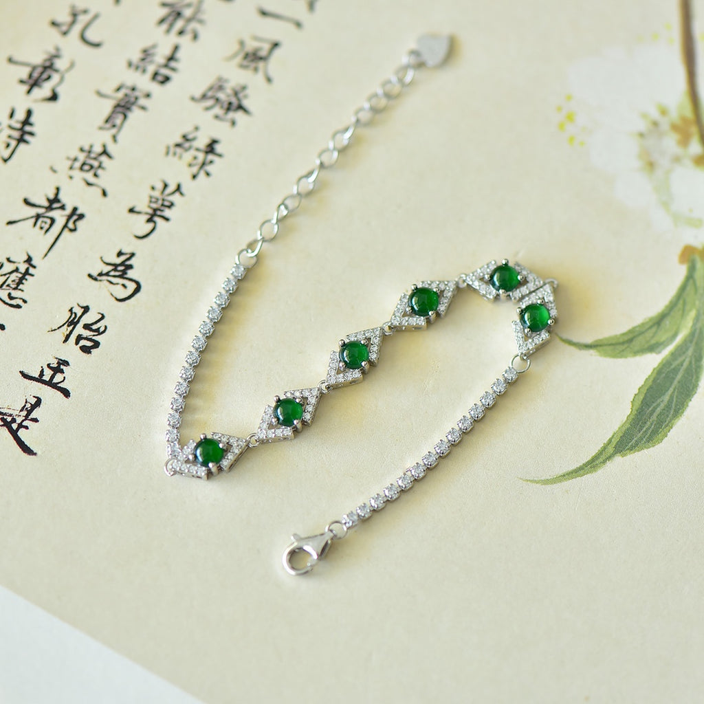 35017#925银镶嵌翡翠蛋面锆石素银手链款式新颖时尚