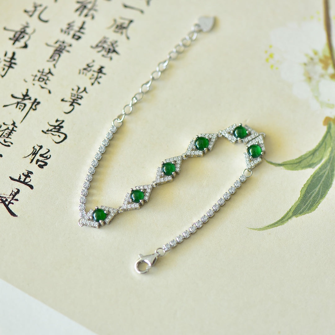 35017#925银镶嵌翡翠蛋面锆石素银手链款式新颖时尚