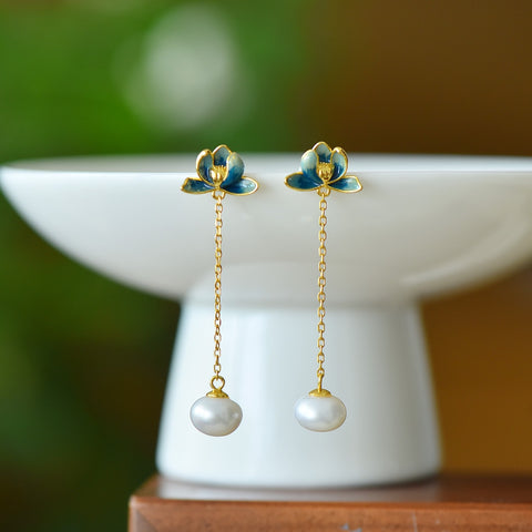 22000-2#925银镶嵌珍珠青莲珐琅耳坠款式新颖时尚